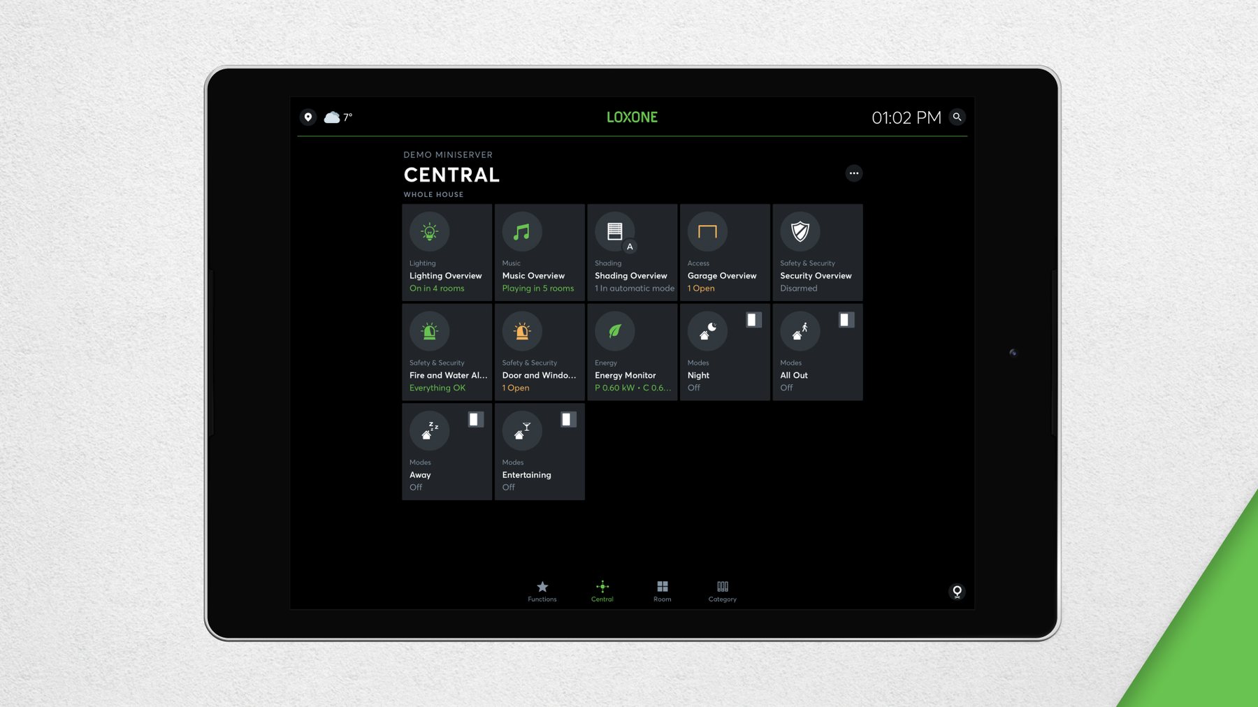 Loxone Smart-Home-Steuerung — Übersicht von Beleuchtung, Klima, Energie, Sicherheit und Kameras